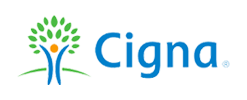 The image displays a logo with text that reads Cigna above a graphic representation of a tree with a blue sky background, set against a grey backdrop.