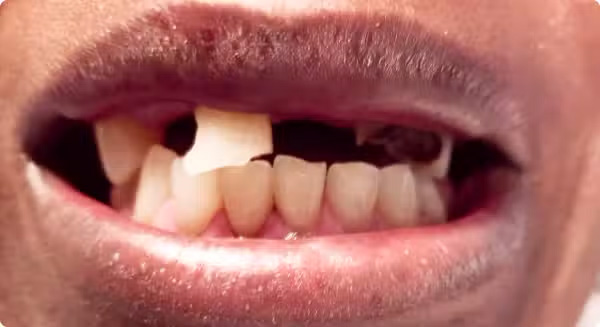 The image shows a close-up of a person's mouth with a damaged tooth, revealing a broken front tooth and an exposed root, along with the upper lip partially visible.