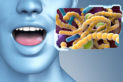 The image features a 3D rendering of a human face with an open mouth, displaying a close-up of bacteria on a cell membrane.