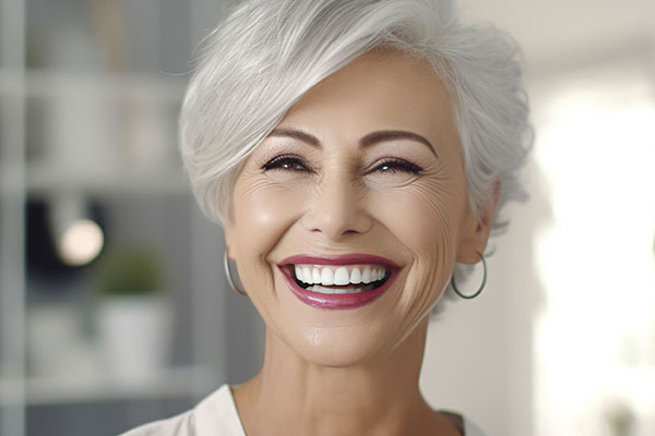 The image shows a smiling woman with gray hair, wearing a white top, against a blurred background that suggests an indoor setting.